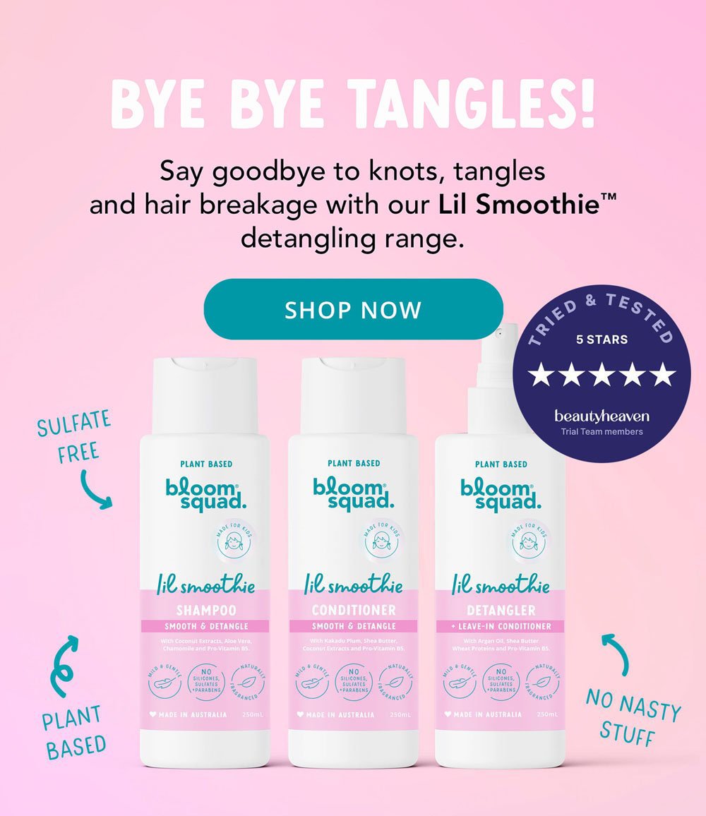 Bloom Squad Lil Smoothie Kids Haircare Range of Kids Shampoo, Conditioner and Detangling Spray - Rated 5 Stars.  