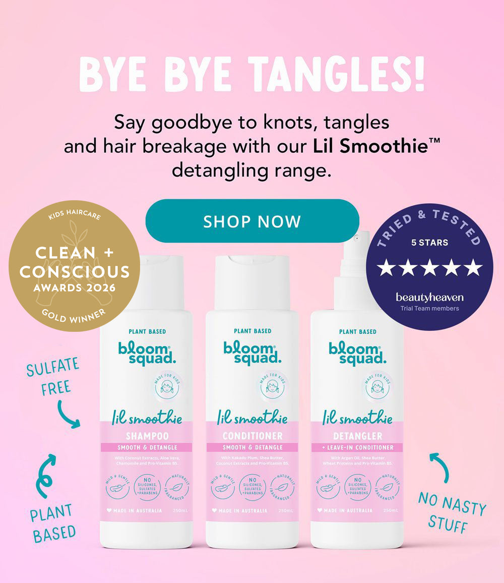 Bloom Squad plant-based haircare bottles on a pink background with promotional text. The products are Lil Smoothie shampoo, conditioner, and detangler, shown with award badges and feature callouts.