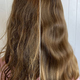 Child's hair shown before and after Bloom Squad Kids Haircare. Before image shows matted hair, knotty and tangled. After images shows soft, smooth hair.